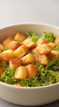 Close-up of croutons on a fresh green salad in a white bowl on a gray surface
