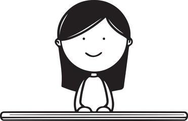 Obraz premium Hand Drawn Woman Sitting at Desk Black and White Avatar Illustration in Minimal Line Art Style Design