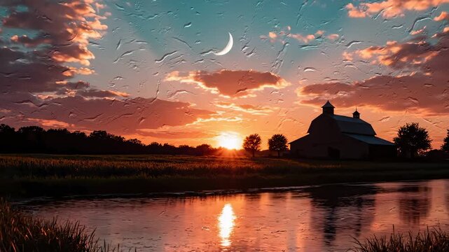 Serene Barn and Pond at Sunset With Crescent Moon and Dramatic Clouds, Oil Painting Style