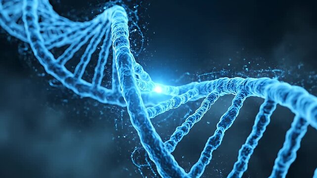 Double Helix DNA Structure - This video depicts a detailed, artistic video of a DNA double helix strand with an array of floating particles surrounding it.