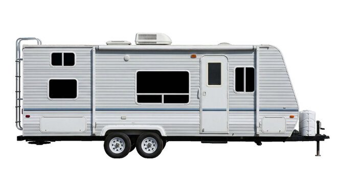 Modern travel trailer RV on transparent background for camping and road trips. Pull-behind camper trailer with dual axles, side door, and awning for outdoor adventure.