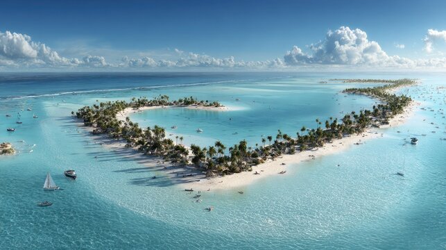 Lush tropical atoll forms a distinct heart shape surrounded by crystal clear ocean water.