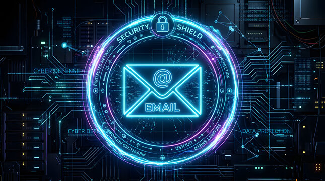 A futuristic digital illustration of a secure email shield with cyber security elements