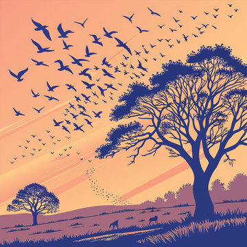 Flock of Birds Flying Across Blue Sky at Sunset