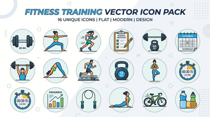 Fototapeta premium Fitness Training Vector Icon Pack with 18 Unique Flat Modern Designs.