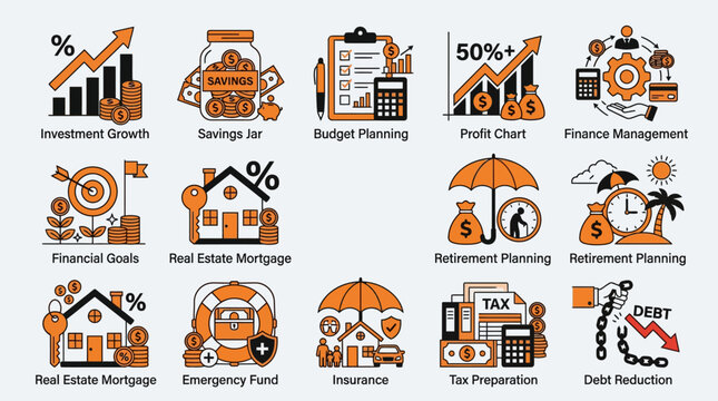 Financial planning and investment management icons set for business and personal finance.