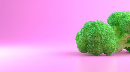 Two bright green vegetable florets rest on a smooth pink surface with ample copy space