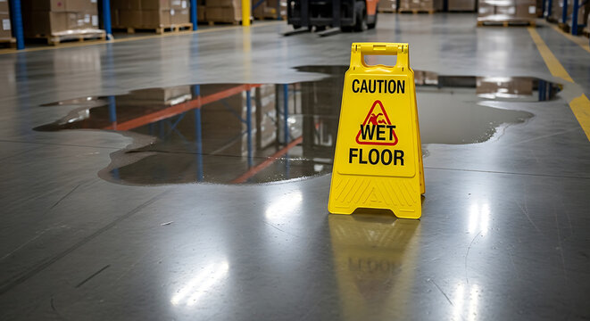 Yellow 'CAUTION WET FLOOR' sign by a large water puddle on a warehouse floor, highlighting industrial safety and hazard.