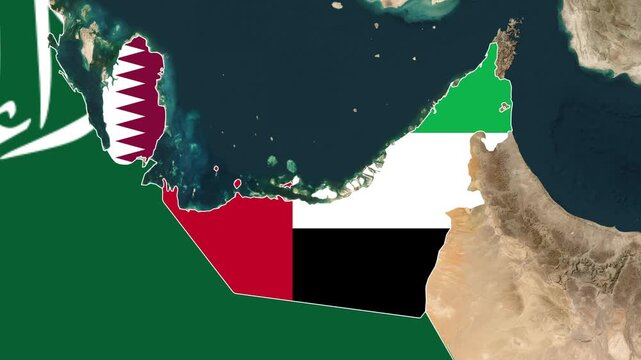 Arabian Peninsula map revealing Saudi Arabia, Qatar, and the UAE flags