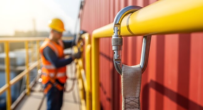 Close-up of a heavy-duty carabiner attached to a safety railing with a blurred construction worker in high-visibility gear, emphasizing fall prevention and workplace security.