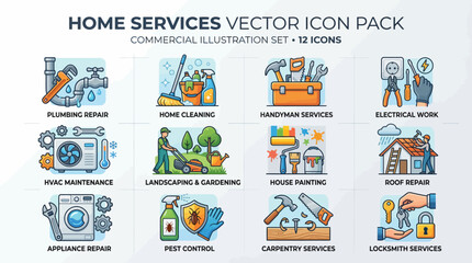 Fototapeta premium Home Services Vector Icon Pack Commercial Illustration Set.