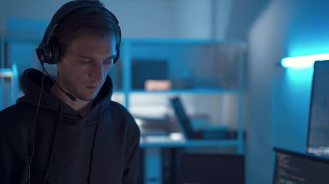 Programmer discussing software development in technology office with multiple monitors