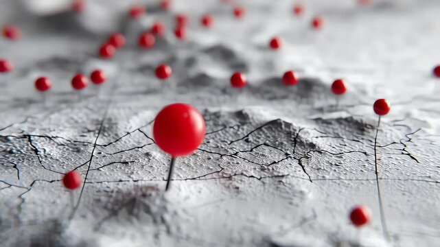 Close Up Of Red Push Pin On Textured White Map With Shallow Depth Of Field
