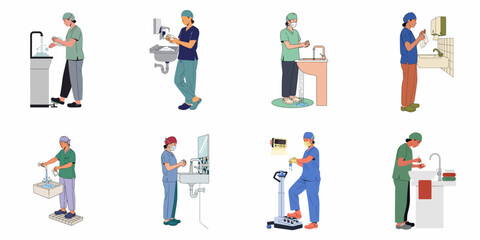 Illustrations of various medical professionals in scrubs and surgical caps washing their hands and scrubbing in at hospital sinks for hygiene.