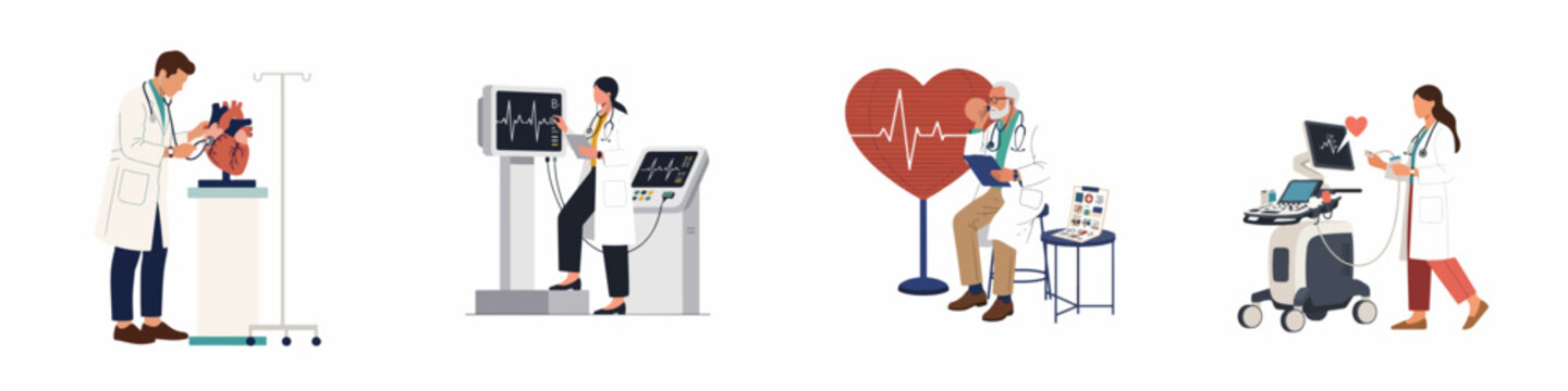 Flat vector illustration of various cardiologists performing heart diagnostics, monitoring patients, and using medical equipment for cardiovascular health checkups.