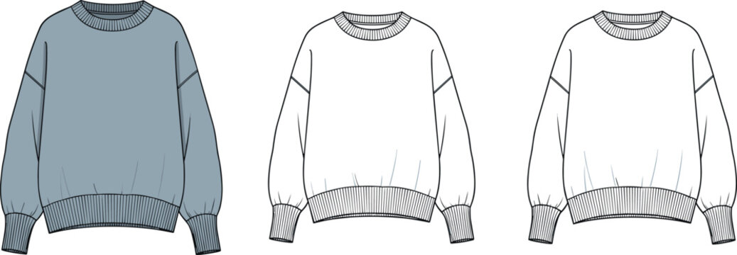 Oversized Women Crewneck Sweatshirt Flat Fashion Sketch Vector Illustration Template with Drop Shoulder Design Ribbed Cuffs and Hem Technical Drawing