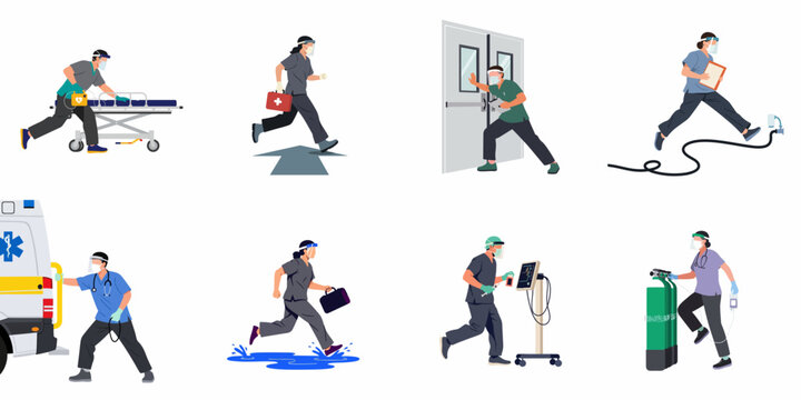 Set of flat illustrations depicting medical professionals in emergency situations, wearing PPE and using hospital equipment.