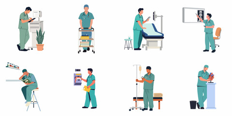 Collection of male nurse flat illustrations depicting various hospital duties like patient care, administration, and medical study.