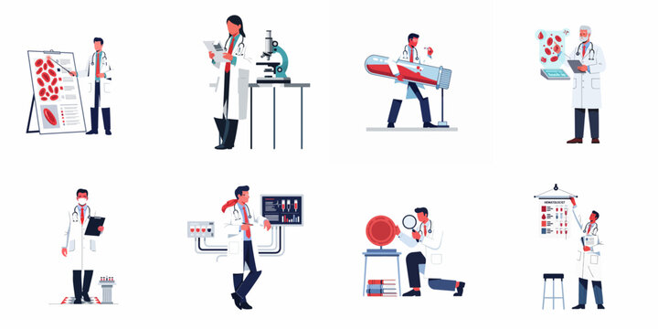 Set of flat vector illustrations featuring hematologists and medical professionals conducting blood research, laboratory analysis, and clinical diagnostics in various workspace settings.