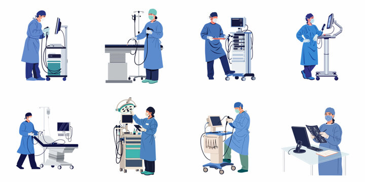 Flat illustration collection of surgeons and medical staff performing laparoscopic and endoscopic procedures with advanced surgical equipment in a modern healthcare setting.