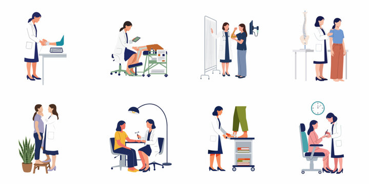 Set of flat vector illustrations depicting a female doctor performing various medical examinations, orthopedic checks, and physical therapy assessments on different patients.