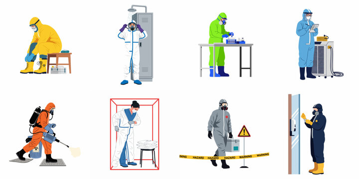 Set of professional workers in protective hazmat suits performing various safety, laboratory research, and decontamination tasks in hazardous industrial and medical environments.