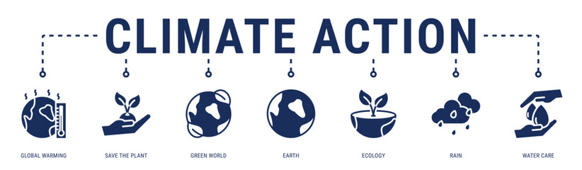 Climate Action web banner icon vector illustration featuring Global Warming, Save The Plant, Green World, Earth, Ecology, Rain and Water Care