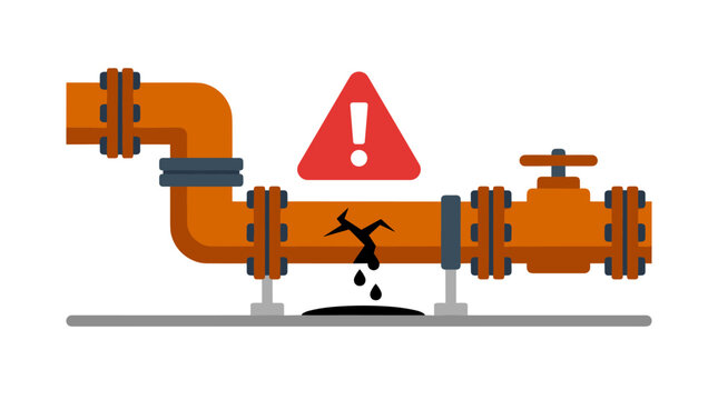 Oil pipeline leak with warning sign and dripping fluid