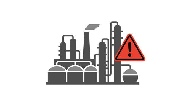 Industrial refinery with warning sign icon, hazard alert symbol.