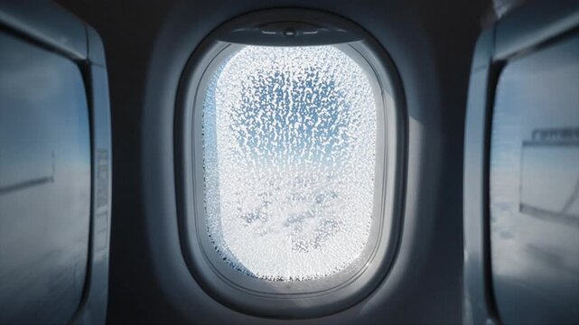 飛行機の窓ガラスに広がる氷の結晶と高高度の雲海