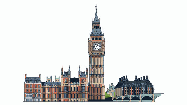 Illustration of a London cityscape with Big Ben and surrounding buildings against a white background in a flat lay style.
