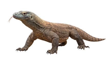Obraz premium Majestic Komodo dragon photograph with extended tongue, isolated on a transparent background, ready for design projects.