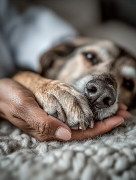 Close-up of a Relaxed Dog Paw Held Comfortably in a Caring Human Hand