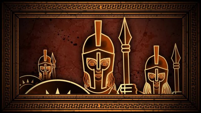 greek amazon warriors marching with shields and spears in greek pottery style