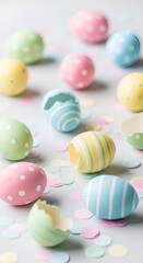 Colorful Easter eggs with confetti background.