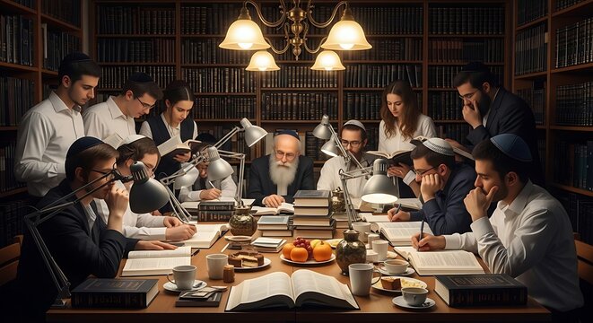 Group of religious Jewish students and rabbi studying in a traditional library at night