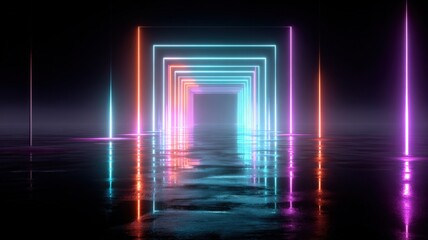 Fototapeta premium Abstract Neon Tunnel with Reflection, Glowing Light, Modern Background, Futuristic Design, and Empty Space