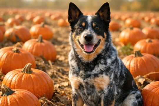 Happy Australian Cattle Dog sitting in a vibrant autumn pumpkin patch, surrounded by bright orange pumpkins under warm sunlight, perfect for seasonal and pet-themed marketing.