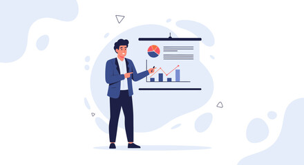 Naklejka premium Businessman presenting financial charts and graphs on a whiteboard
