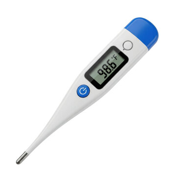Digital thermometer with blue cap and screen displaying 986 degrees isolated on transparent