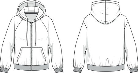 Technical flat sketch of a hooded zip-up sweatshirt with raglan sleeves and kangaroo pockets for apparel design and fashion mockups © DALIARA 
