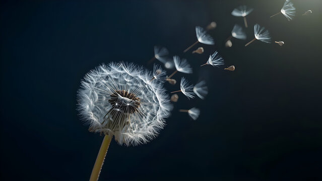 Lonely dandelion with flying seeds in the wind. Symbol of sadness, grief, solitude and fleeting life. Poetic and emotional nature background for loss, mourning and farewell themes