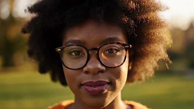 Portrait of a Young Woman with Glasses - A close-up shot captures a young Black woman wearing tortoiseshell glasses, her gaze directed towards the camera.