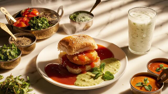 Delicious Indian Vada Pav Burger With Chutneys and Lassi Drink on Marble Table