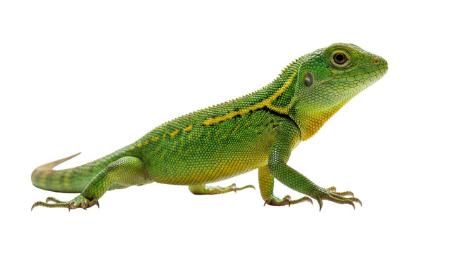 A close-up photograph of a vibrant green agamid lizard, showcasing detailed scales and yellow striped markings.