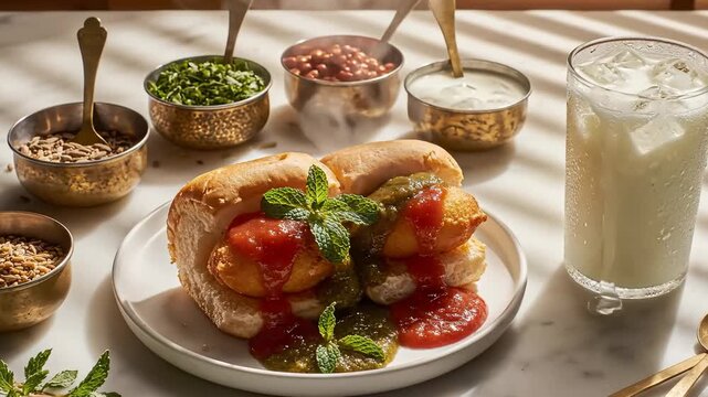 Delicious Indian Street Food Vada Pav With Mint Chutney, Tamarind Sauce, and Lassi Drink