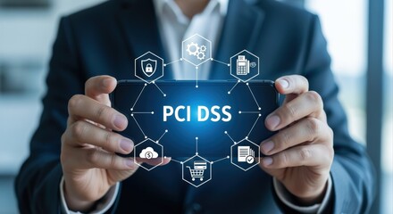 PCI DSS Compliance Concept: Businessman Demonstrates Data Security Standards on Smartphone, Shielding Customer Payment Information