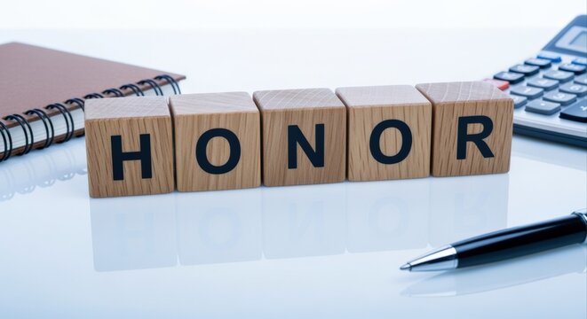 Honor Concept Displayed on Wooden Blocks with Pen, Notepad and Calculator on a White Table
