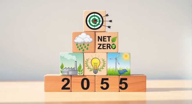 Net Zero Target Concept by 2055: Sustainable Future Depicted with Wooden Blocks and Renewable Energy Icons