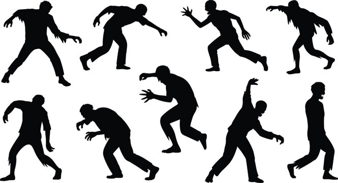zombie silhouette set walking running attacking undead horror characters halloween monster black vector illustration collection isolated design elements
